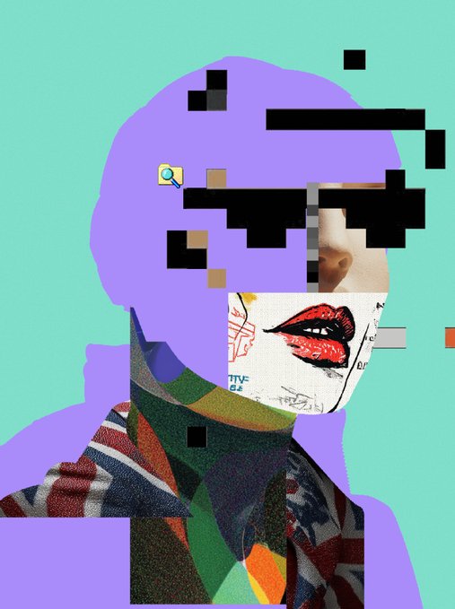 A glitch-art collage portrait of a person with a purple bob and a face mask featuring red lips, their eyes obscured by pixelated black blocks, set against a mint-green background. The fragmented, digital-distortion style visually echoes the post's call-to-action, suggesting a bold, edgy aesthetic aligned with the featured creators.