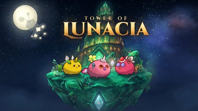 A promotional image for "Tower of Lunacia" featuring three colorful Axie characters on a floating island beneath a glowing tower, set against a starry night sky with a cracked moon. The fantasy artwork aligns with the post's description of an MMORPG concept built in two weeks for the Axie Vibeathon, showcasing the game's whimsical aesthetic.