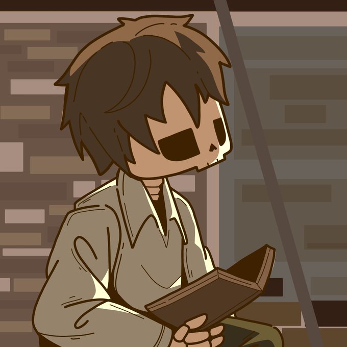 A cartoon-style drawing of a person with brown hair reading a book in a dimly lit setting.