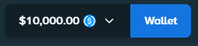 A simple UI element showing a dark button with '$10,000.00' next to a USDC token icon and a dropdown arrow, beside a blue 'Wallet' button.