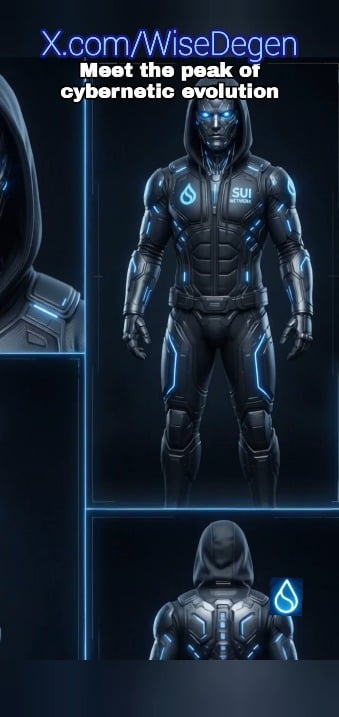 Promotional graphic from X.com/WiseDegen titled 'Meet the peak of cybernetic evolution' featuring a futuristic hooded armored character with the SUI logo and a blue water droplet symbol.
