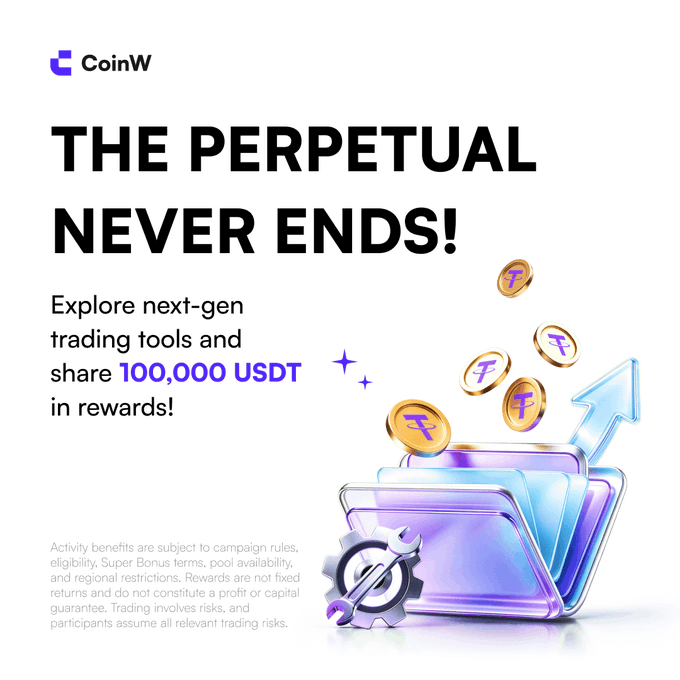 CoinW's promotional graphic features the bold headline "THE PERPETUAL NEVER ENDS!" alongside an offer to "share 100,000 USDT in rewards" for exploring next-gen trading tools, with a 3D illustration of golden coins and an upward arrow spilling from a stylized trading platform.

The image directly illustrates the accompanying post's call to action, highlighting CoinW's Perpetual Futures offering and its rewards program while reinforcing the message of evolving trading opportunities in a secure environment.