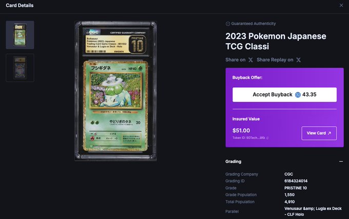 A CGC-graded Pokemon trading card detail page showing a 2023 Pokemon Japanese TCG Classi Venusaur card with a Pristine 10 grade and a buyback offer of 43.35.