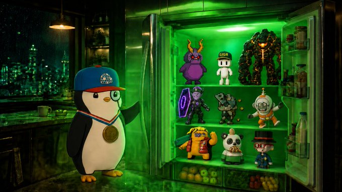 A digital artwork of a penguin wearing a blue cap and medal standing in a green-lit kitchen in front of an open refrigerator filled with various NFT collectible figurines and characters.