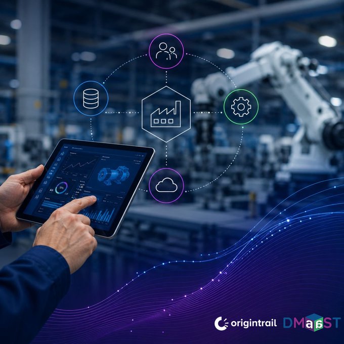 A person holding a tablet and looking at the screen while standing in front of a factory where robots are working. They seem to be checking some data displayed on their device.
