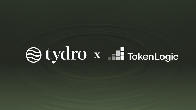 A dark green graphic displaying a collaboration or partnership logo between 'tydro' and 'TokenLogic', separated by an 'x'.