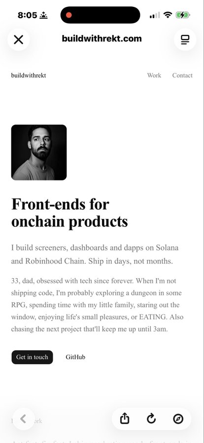 Mobile screenshot of buildwithreckt.com website displaying a profile photo, text 'Front-ends for onchain products', and description about building screeners and dashboards on Solana and Robinhood Chain.