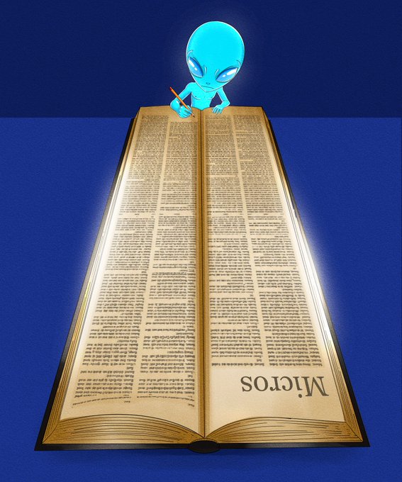 A 3D rendering of a cyan alien figure writing in a large, open book titled "Micros" against a solid blue background.