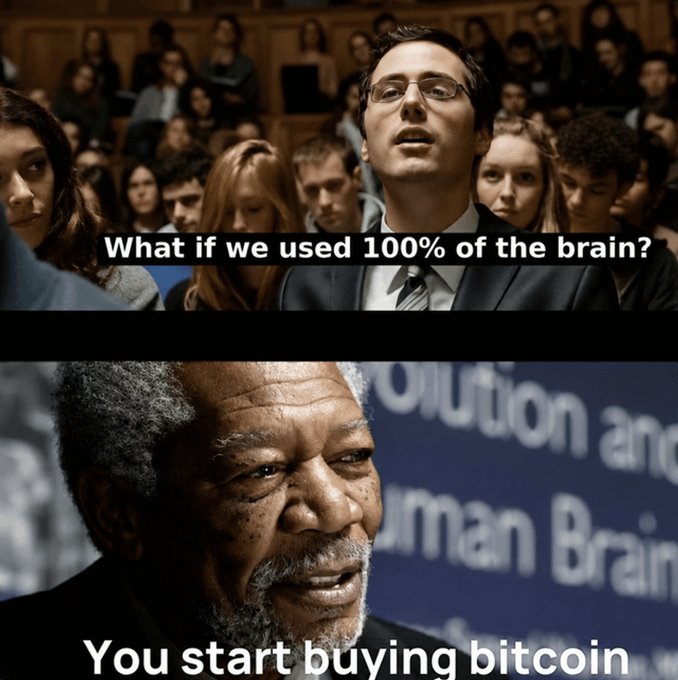 A two-panel meme using scenes from the movie Lucy; the top panel shows a man in glasses with the text 'What if we used 100% of the brain?', and the bottom shows Morgan Freeman with the text 'You start buying bitcoin'.