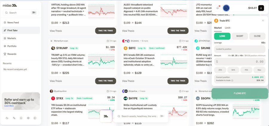 A trading dashboard from midas featuring various crypto analysis theses. Visible tickers include STRUMP ($1.999), STRX ($0.34), BTC ($77.42K), SHYPE ($80.27), and SOPH. A trading panel on the right shows options for LONG, SHORT, and CLOSE positions for BTC.
