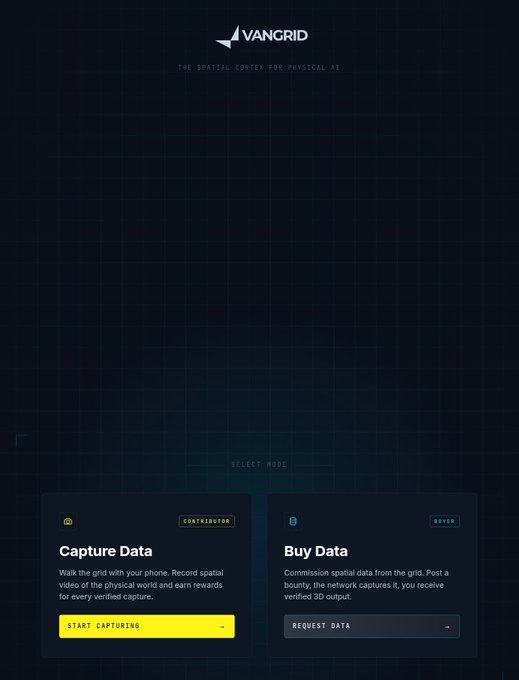 A dark-themed landing page for 'VANGRID' featuring two main options: 'Capture Data' with a yellow 'Start Capturing' button, and 'Buy Data' with a 'Request Data' button.