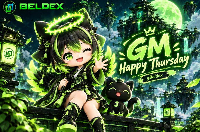 Anime-style promotional graphic with the "BELDEX" logo, featuring a cheerful green-eyed character and black cat beside "GM Happy Thursday" and "@Beldex" text against a glowing green cityscape and moon backdrop.