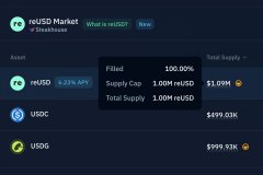 The image shows a Kamino interface displaying the reUSD Market with the supply cap filled at 100.00% (Supply Cap: 1.00M reUSD, Total Supply: 1.00M reUSD), alongside USDC ($499.03M) and USDT ($999.93M) supply figures. This visually confirms the post's message that the reUSD supply cap on Kamino has been reached, supporting the context that it has been raised to $20M from the previous $5M.
