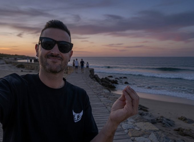 A man wearing black sunglasses and a black t-shirt with a white logo smiles at the camera during a beach sunset, with the ocean, boardwalk, and a few distant figures visible behind him—capturing a relaxed "good night" vibe to match his farewell post.