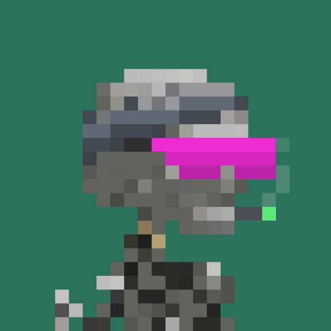 A pixel art illustration shows a grey, robotic figure with a dark visor and a bright pink horizontal stripe across the middle, standing against a solid teal background.