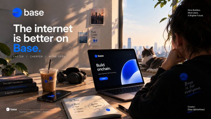 An advertisement for Coinbase's 'Base' platform showing a person working at a desk with a laptop displaying 'Build onchain', with the tagline 'The internet is better on Base.'