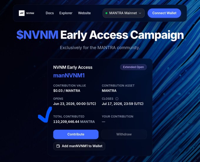 A webpage for the '$NVNM Early Access Campaign' on the MANTRA Mainnet, showing a contribution value of $0.03 / MANTRA, with 110,209,446.44 MANTRA total contributed.