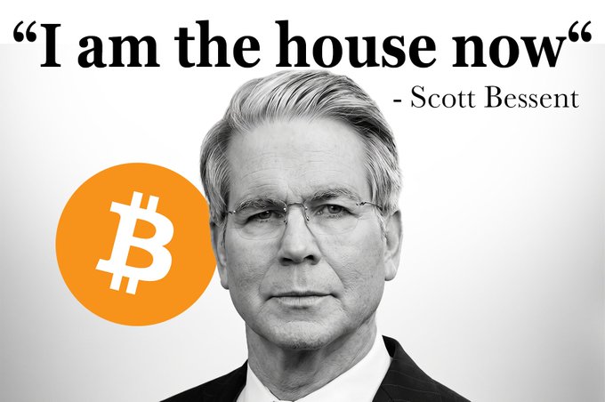 An image of Jerome Powell with an orange Bitcoin logo, captioned with the quote 'I am the house now' attributed to Scott Bessent.