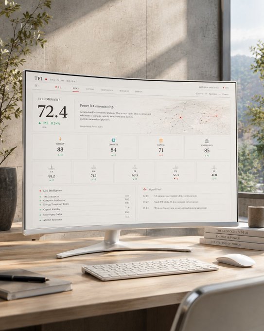 A workspace scene featuring a desktop monitor displaying a financial dashboard 'The Flow Indices' with a TSI Composite score of 72.4, alongside a white keyboard, mouse, plant, and books on a wooden desk.