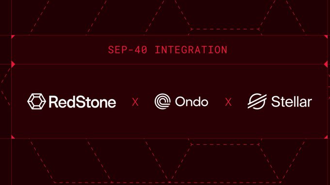 A dark red graphic with hexagonal patterns announces a 'SEP-40 INTEGRATION' between 'RedStone', 'Ondo', and 'Stellar', with their respective logos connected by red 'x' marks.