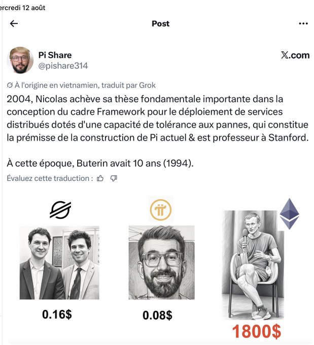 An X post by 'Pi Share' (@pishare314) discussing Nicolas's 2004 thesis on fault-tolerant distributed services, featuring sketches of Nicolas, Pi Share, and Vitalik Buterin with net worth values of $0.16, $0.08, and $1800 respectively.