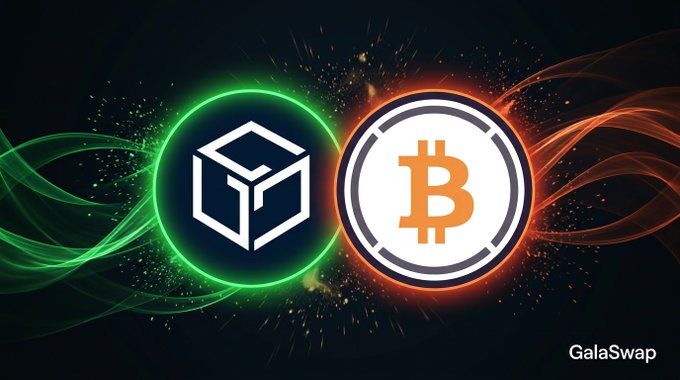The image shows a logo featuring two different shapes, a cube with a small triangle pointing towards the letter "B" and an orange "B", which represents Bitcoin. These shapes are surrounded by blue flames that suggest movement or heat, creating a sense of energy in the design. The image also contains text at the bottom reading "GalaSwap Pool Spotlight links.gala.com/swapPAIR: GALA/GWBTC TVL: $5.47M APR: 17.7% VOL 24h: $885k Provide liquidity for GALA/GWBTC. Participate in GalaDefi or GalaChain."