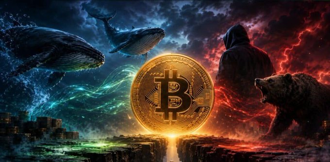 A dramatic digital artwork depicting a large glowing Bitcoin coin in the center, flanked by whales and a hooded figure on the left with green auroras, and a hooded figure with a roaring bear on the right with red storm clouds.