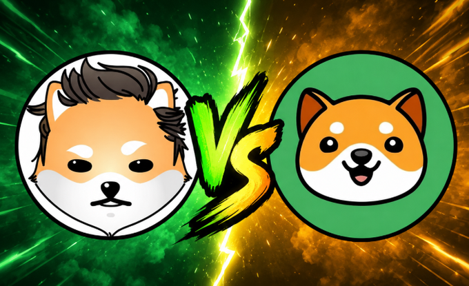 The image shows a "VS" battle graphic between two Shiba Inu dog mascots—the left features a dog with styled brown hair representing the $ELON memecoin, while the right shows a classic smiling Shiba Inu on a green background representing $BABYDOGE—both set against a dramatic split green and orange lightning background, illustrating the post's question asking which memecoin viewers are more bullish on.
