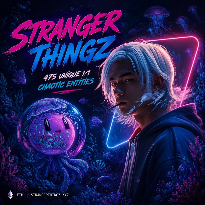 Promotional artwork for 'STRANGER THINGZ' NFT collection shows 475 unique 1/1 chaotic entities, featuring an anime-style figure and a glowing jellyfish against an underwater backdrop, with ETH and strangerthingz.xyz branding.