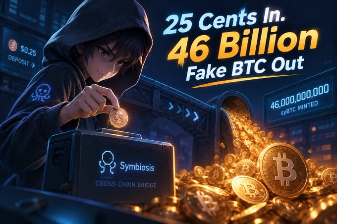 Anime-style illustration showing a hooded character inserting a coin into a Symbiosis Cross-Chain Bridge box, with text '25 Cents In. 46 Billion Fake BTC Out' and '46,000,000,000 syBTC MINTED' displayed against a background of gold Bitcoin coins.