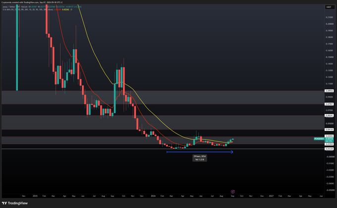 A TradingView cryptocurrency chart showing a bearish downtrend with moving averages, displaying the ticker DOGEUSDT.P on a weekly timeframe.