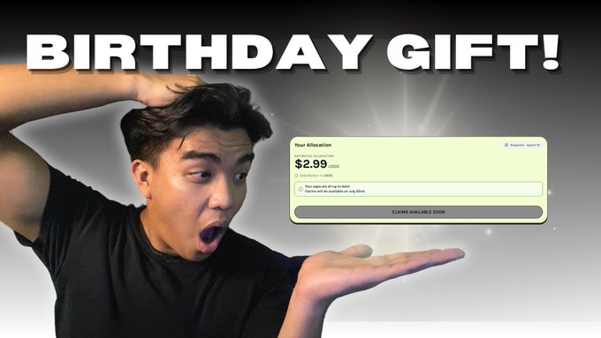 A thumbnail-style image with text 'BIRTHDAY GIFT!' showing a surprised-looking young man next to a Hyperliquid allocation interface displaying $2.99 USDC available to claim.