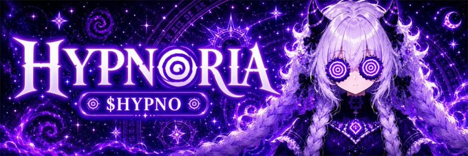 The image is a banner for "$HYPNO" featuring the word "HYPNORIA" in stylized purple text alongside an anime-style character with white hair, hypnotic spiral eyes, and a mystical cosmic background filled with stars and purple flames. It serves as a community-created banner for the $HYPNO token on the Moby platform, capturing the hypnotic and mystical theme reflected in the project's name.