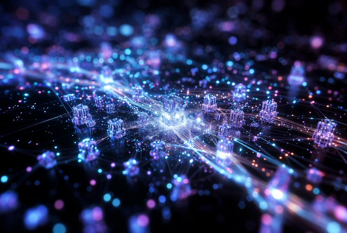 An abstract digital artwork featuring a glowing network of nodes and connections in blue, purple, and pink hues against a dark background.