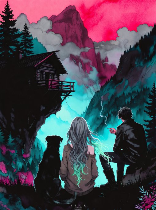An illustrated scene shows two figures and a dog sitting on a cliff edge overlooking a dramatic mountain valley, with a cabin perched on a nearby outcrop beneath a vibrant pink and teal sky. The artist's signature 'BLUR' appears at the bottom.