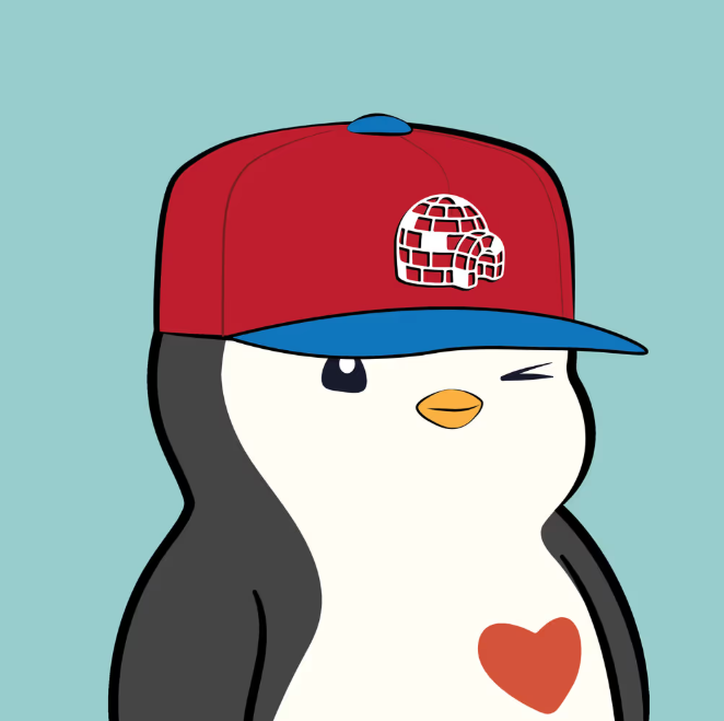 An illustration of a cartoon penguin wearing a red baseball cap with an igloo design and a blue brim, winking with a red heart on its chest against a light blue background.