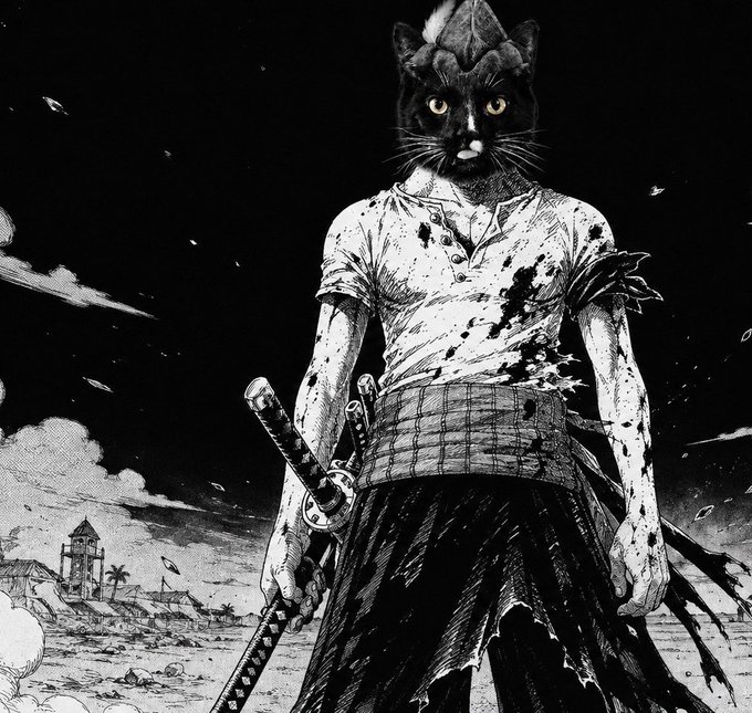 A black and white manga-style illustration of an anthropomorphic cat character with a feline head wearing a tattered shirt and hakama pants, holding a katana sword, with blood splatters and a battlefield landscape in the background.