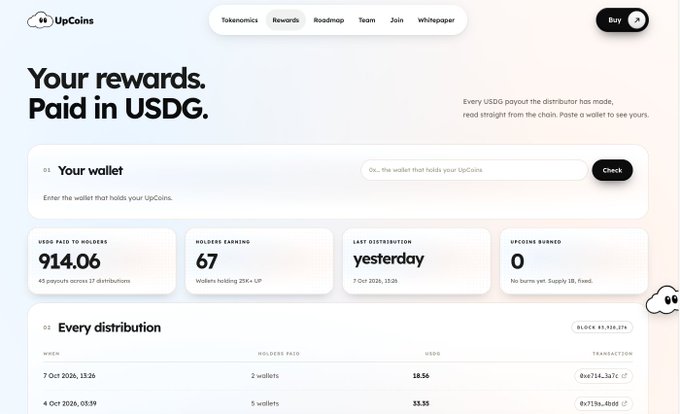 A screenshot of a cryptocurrency dashboard for 'UpCoins' with the headline 'Your rewards. Paid in USDG.', displaying statistics like 'USDG PAID TO HOLDERS 914.06', 'HOLDERS EARNING 67', and a distribution history showing transactions.
