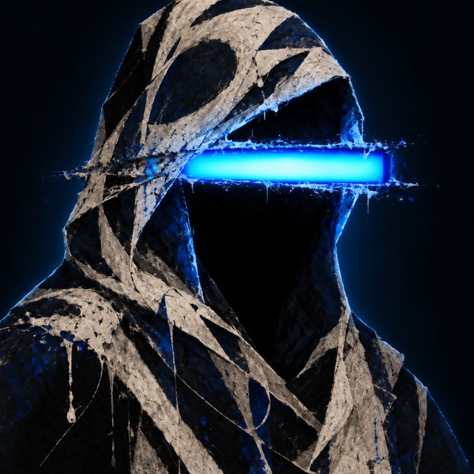 A hooded figure shrouded in weathered, web-like wrappings stands against a dark background, with a glowing horizontal blue bar obscuring the eye area where a face would be, dripping and smeared with paint, evoking a mysterious, ominous aesthetic that complements the cryptic "ZDACT / ███" text.