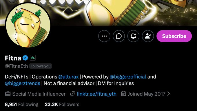 irtna's Twitter account features a profile picture of a yellow owl with a green head, accompanied by the text "Fitna" and "Follows you".