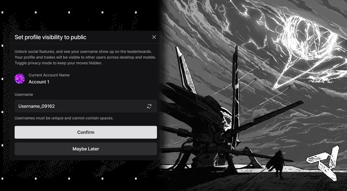 A screenshot showing a 'Set profile visibility to public' dialog box with username 'Username_09162' and Account Name 'Account 1', overlaid on a grayscale fantasy artwork depicting a figure near large spike-like structures.
