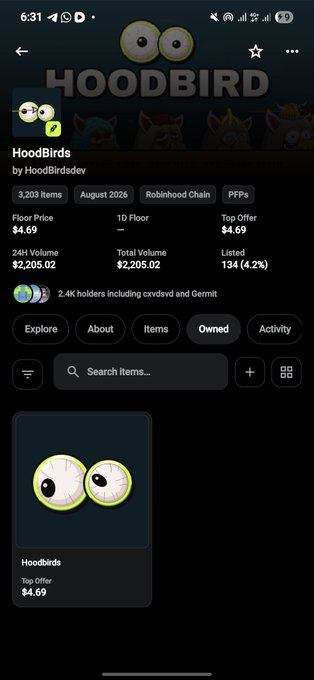 A mobile screenshot of a marketplace displaying a digital item called 'HoodBirds' with a top offer price of $4.69 and a total volume of $2,205.02.