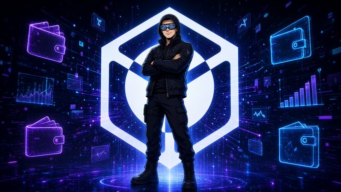 A hooded figure in sunglasses and black tactical gear stands with crossed arms in front of a glowing hexagonal shield logo, surrounded by floating digital wallets, charts, and cryptocurrency icons.