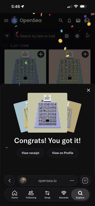 A mobile screenshot of OpenSea displaying a Wordle-themed NFT collection, showing a "Congrats! You got it!" message with options to "View receipt" or "View on Profile," set against a celebratory confetti background.