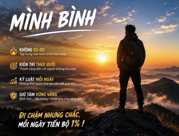 A motivational poster in Vietnamese titled 'MÌNH BÌNH' featuring a person overlooking a sunrise, with principles like 'KHÔNG SỢ ĐÓ', 'KIÊN TRÌ THEO ĐUỔI', and 'KỶ LUẬT MỖI NGÀY', ending with 'ĐI CHẬM NHƯNG CHẮC, MỖI NGÀY TIẾN BỘ 1%!'.