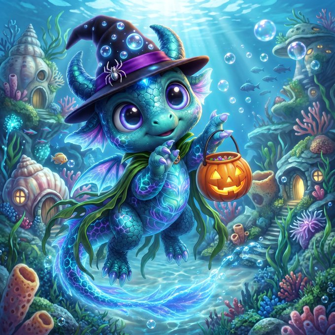 A whimsical digital illustration of a cute blue-purple sea dragon dressed as a wizard with a purple hat and spider, holding a glowing jack-o'-lantern trick-or-treat bucket in an underwater coral reef village setting.