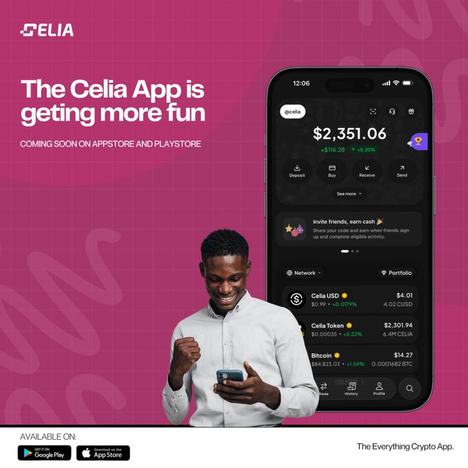 Promotional image for the Celia crypto app featuring the headline "The Celia App is getting more fun" and "COMING SOON ON APPSTORE AND PLAYSTORE," alongside a smiling man using his phone and a phone mockup displaying a balance of $2,351.06 with options for Deposit, Buy, Receive, and Send, plus token listings including Celia USD ($4.01), Celia Token ($2,301.94), and Bitcoin ($14.27). The "AVAILABLE ON: Google Play, App Store" badges and tagline "The Everything Crypto App" appear at the bottom, illustrating the app update being announced in the post about token verification ticks.