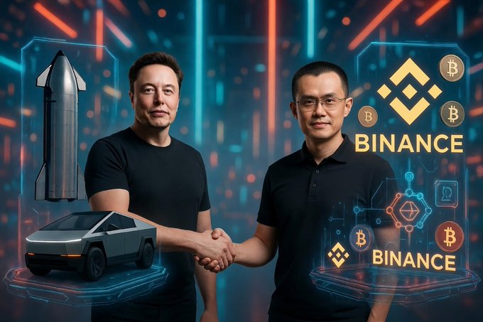 The image shows Elon Musk and CZ (Binance founder) shaking hands against a futuristic backdrop featuring a SpaceX rocket, a Cybertruck, Bitcoin symbols, and the Binance logo. It visually represents the post's story about CZ reaching out to Musk to propose a collaboration between Binance and X Money, only to be firmly turned down.