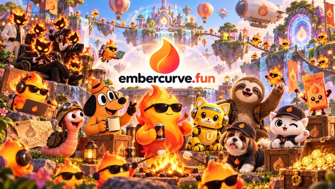 A vibrant promotional graphic for 'embercurve.fun' featuring various cartoon characters wearing sunglasses, floating islands, castles, and hot air balloons.