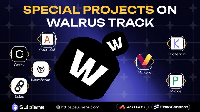 The image is a promotional graphic titled "SPECIAL PROJECTS ON WALRUS TRACK," featuring the large Walrus "W" logo at the center surrounded by seven project finalists: AgentOS, Carry, Memforks, Suize, Kraterion, Makers, and Praxis. The bottom promotes Suipiens (suipiens.com), Astros, and FlowX.finance, highlighting AI agent projects built on Walrus storage including identity, memory, and verifiable runtime tools.